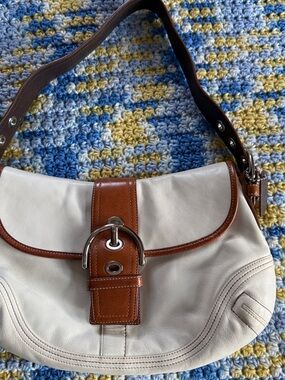 Coach Cream Leather Shoulder Bag with Brown Trim